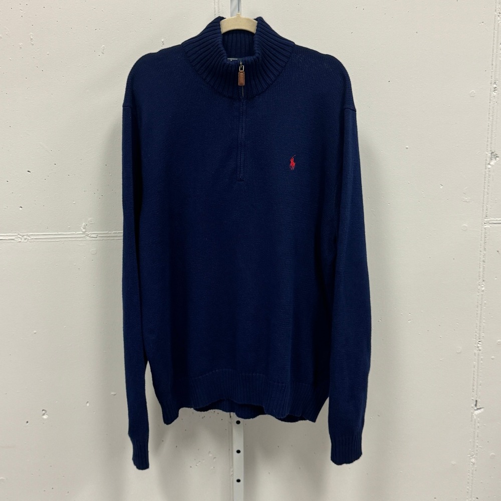 Vintage Polo Ralph Lauren Men's‎ Quarter Zip Sweater XL Navy Blue Red Pony RL